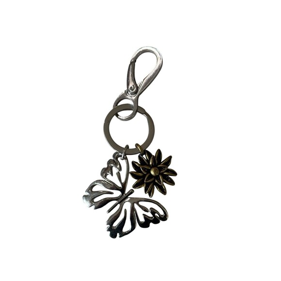 Fossil Butterfly Flower Keychain Brown Silver Color - Picture 1 of 2